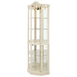 English Elm Glass Corner Curio Cabinet Lighted Dark Wood Display with Carved Crown Floral Detail White W2275P292644