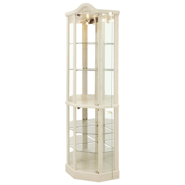 English Elm Glass Corner Curio Cabinet Lighted Dark Wood Display with Carved Crown Floral Detail White W2275P292644
