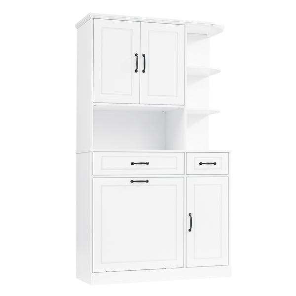 English Elm Tall Freestanding Organizer Cabinet with Tilt-Out Hamper, 2 Drawers, Adjustable Shelves, Modern White MDF Storage N725S352451K