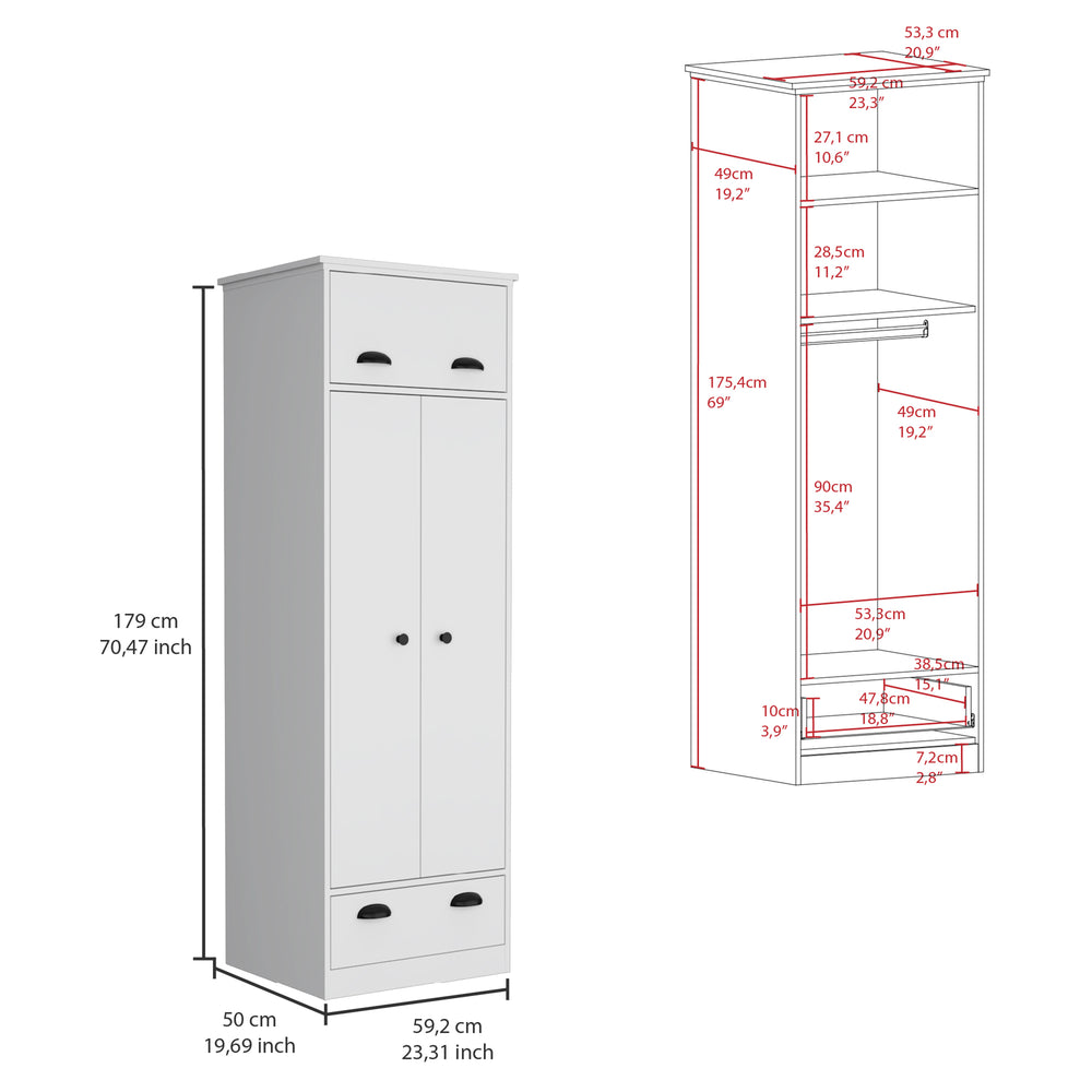 English Elm Falkland Armoire with Spacious Double-Door Closet, Upper Hinged Accessory Drawer and Sleek Handles White 73 L x 24 W x 3 H B070S00232