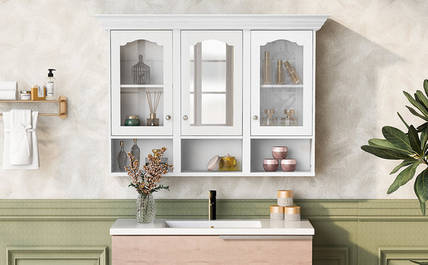 English Elm 47" Wall Mounted Bathroom Cabinet with Mirror — Space-Saving 3 Adjustable Shelves, Pine Accents, Water-Resistant Finish N710P264268K