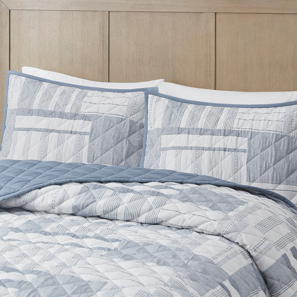 JLA Home Madison Park - 3 Jacquard Patchwork Quilt Set with Diamond Stitching, Soft Blue Birch Tones, Reversible Dusty Blue Bedding MP13-8190