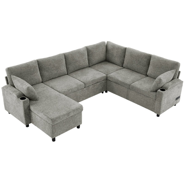 English Elm 109.9" Sectional Sofa Bed U-Shaped Pull-Out Sleeper with Storage Chaise, Cup Holders, USB Ports & Chenille Comfort LIGHT GREY N719S001910R