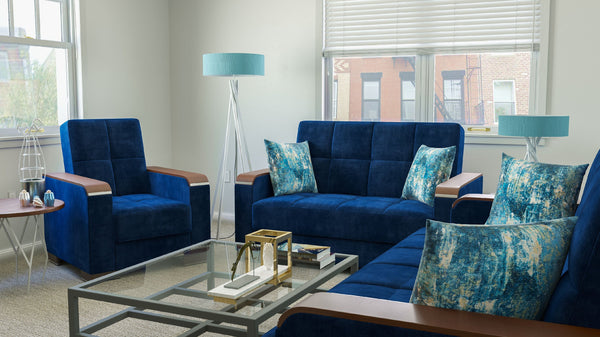 English Elm PrimeNest ZenAero Upholstered Wood Trim Convertible Sofabed with Storage, Click-Click Sleeper Comfort Blue B030P286532