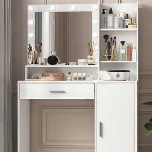 English Elm Vanity LED Mirror Dressing Table with 12 Bulbs, Adjustable 3-Mode Brightness and Large Drawer Storage White W3457P336676