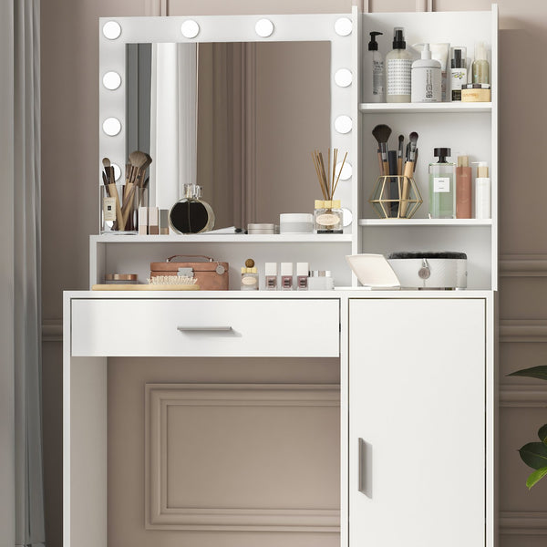 English Elm Vanity LED Mirror Dressing Table with 12 Bulbs, Adjustable 3-Mode Brightness and Large Drawer Storage White W3457P336676