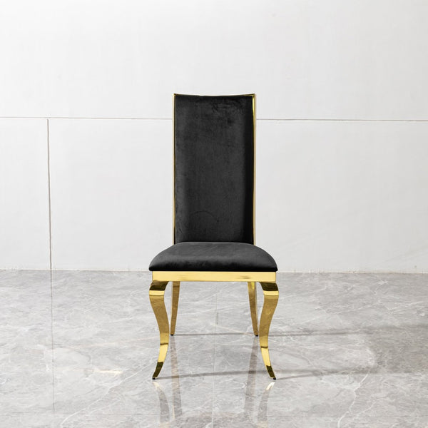 English Elm Luxury Gold Pvd Steel Rectangular Dining Table with Black Tempered Glass Seats Six W2723S00090