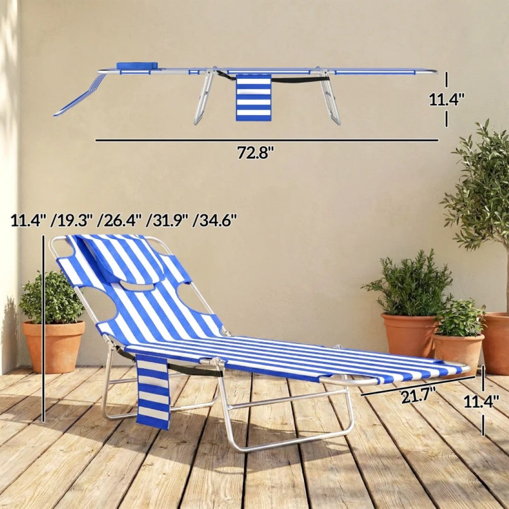 English Elm Handy Tri-fold Outdoor Lounger with Face Cavity Steel Frame Oxford Fabric Tanning Bed Blue Stripe T3971P481320