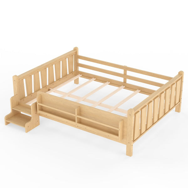 English Elm Queen Bunk Bed with Trundle Solid Pine Kids Car Themed Frame Built-in Bookshelf Light Natural W1580S00538