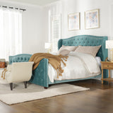 English Elm Marcella Upholstered Shelter Headboard Bed Set, King, Arctic Blue Velvet