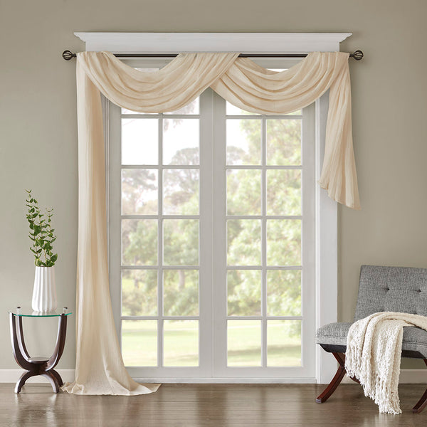 JLA Home Madison Park - Solid Crushed Sheer scarf in Rich Cream — Lightweight textured window drape that softly filters light and layers beautifully 144 L x 42 W x 0.13H MP40-4528