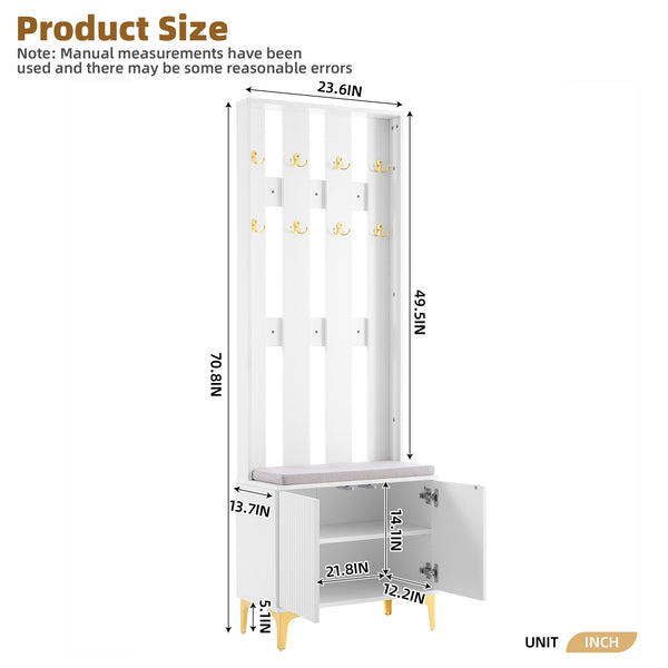 English Elm ON-TREND Modern Luxury Hall Tree with Cushioned Bench, Fluted Doors, 8 Gold Hooks & Adjustable Shelf White N721P192814K