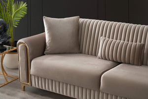 English Elm Melody Velvet Upholstered Sleeper Sofa with Gold Accents, Vertical Channel Tufting, Modern Convertible 92" taupe B009S01831