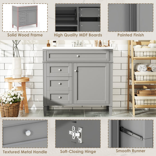 English Elm 36'' Modern Bathroom Vanity With Ceramic Sink, 2 Smooth-Glide Drawers & Tip-Out Compartment, Grey Finish N710P230246E