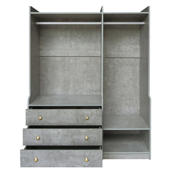 English Elm Open Open Wooden Wardrobe with 2 Rods, 5 Shelves & 3 Drawers — Modern Gray White Storage Solution N820S00021E