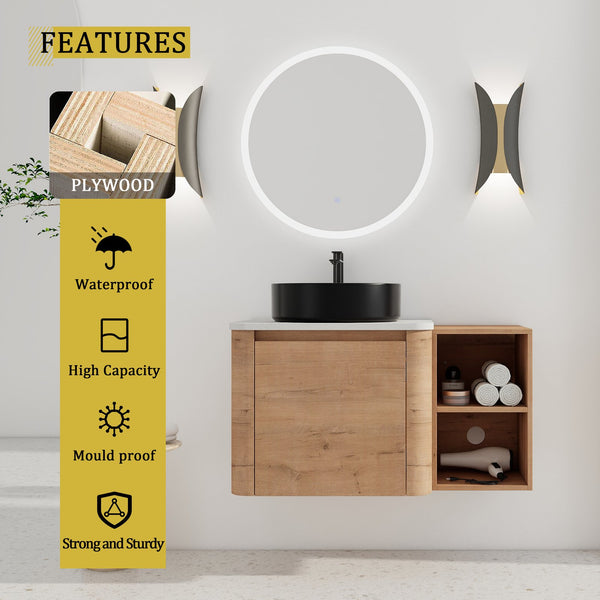 English Elm 36'' Wall-Mounted Bathroom Vanity With Ceramic Vessel Sink, Soft-Close Door & Stylish Storage Shelves W999S00407