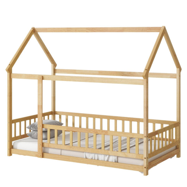 English Elm Twin Size House Floor Bed With Roof Frame & Safety Guardrails - Cozy & Imaginative Playtime Haven W504P286404-GIGA