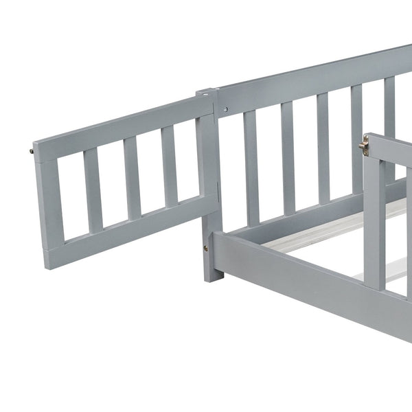 English Elm Full Size Rubberwood Floor Bed with Safety Guardrails and Latching Door for Toddlers Grey W504P429296