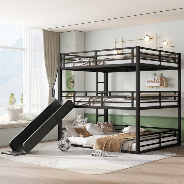English Elm Queen Metal Triple Bunk Bed With Slide - Space-Saving, Heavy-Duty Design, Safety Guardrails In Black W1580S00172-GIGA