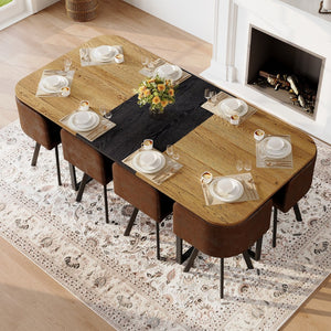 English Elm 9-piece Square Dining Set Seats 8 with Suede Chairs and Two-tone Metal Frame Black,Brown,Wood W3875S00137