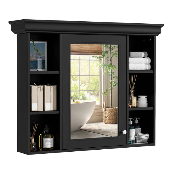 English Elm 35'' 35' 35'' x 28'' Wall Mounted Medicine Cabinet with Mirror Door, Modern MDF Storage with Towel Rod Black N710P196545B