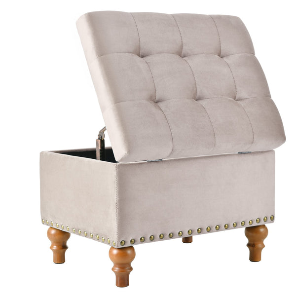English Elm Square Velvet Ottoman with Storage, Cream Upholstery, Child-Safe Hinge, Rivet Trim, Solid Wood Feet, Compact Comfort Pink W2941P242273