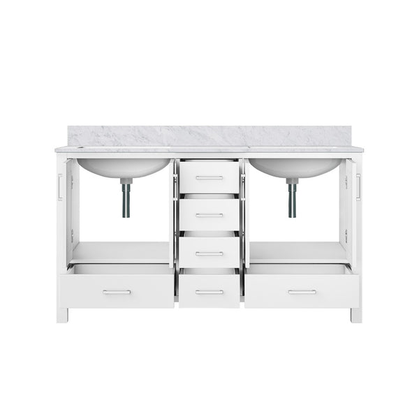 English Elm White Double Bath Vanity With Carrara Marble Top - 60" W X 22" D, Elegant Storage & Soft-Close Drawers B2731P258870-GIGA