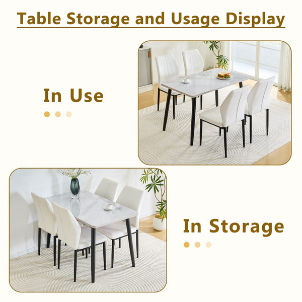 English Elm Table and Chair Set Marble Look Glass Top with Four Pu Shell Back Dining Seats W1151S04631