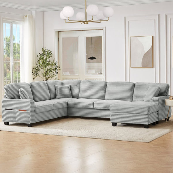 English Elm Sectional U-Shaped Sofa With Movable Ottoman & Side Storage Pockets - Stylish Comfort For Living Rooms N719S002080E-GIGA