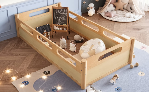 English Elm Twin Low Profile Floor Bed with Guardrails Pine Wood Frame Minimalist Bedroom Natural W1580P438791
