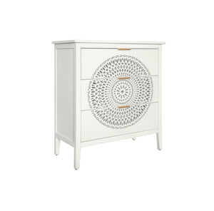 English Elm 3 Drawer Cabinet with Hollow Carved Accents, Solid Pine Feet, Gold Handles & Smooth Metal Slides — Elegant Storage for Entryway Bedroom Living Room Beige W688138992