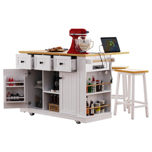 English Elm K&K 53" Large Kitchen Island with 2 Stools, Built-In Power Station, Wheels, Drop Leaf & Ample Storage White N707S000007W