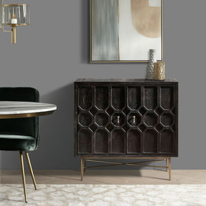 JLA Home Madison Park - Honeycomb sculptural 2-door wood cabinet with dimensional doors, rubbed black finish & bronze base MP130-0945