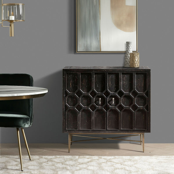 JLA Home Madison Park - Honeycomb sculptural 2-door wood cabinet with dimensional doors, rubbed black finish & bronze base MP130-0945