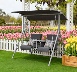 English Elm Patio Freestanding Two Seat Swing with Canopy Cupholders and Hidden Storage Tray T3971P418063