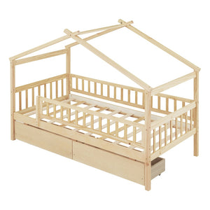 English Elm Twin House Bed Pine Wood Frame with Storage Drawers Kids Bedroom Playful Design Natural WF302181AAN