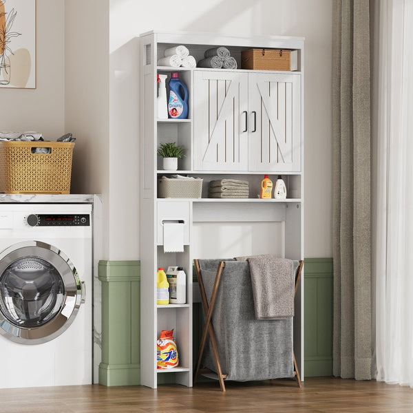 English Elm Vividwood Farmhouse Bathroom Tower Cabinet Sliding Barn Doors Six Shelves White T5618P505967