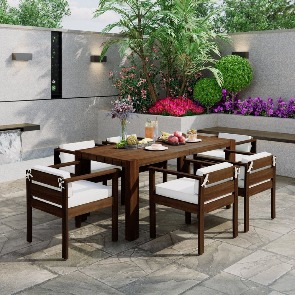 English Elm Trexm Acacia Wood Outdoor Dining Set Seats Six with Washable Cushions Umbrella Ready Beige,Mocha TM000022AAP