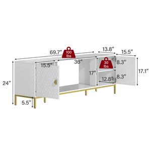 English Elm 70 Electric Fireplace TV Stand with Honeycomb Doors & Gold Legs, Sturdy MDF Console with Adjustable Shelves and Open Storage for Modern Living Room White 75.6 L x 19.3 W x 5.5 H T3609P332396