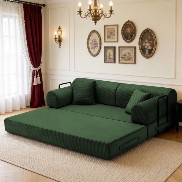 English Elm Convertible Corduroy Floor Sofa Folds Flat as Sleeper Daybed for Studio Living Green W5532P438819
