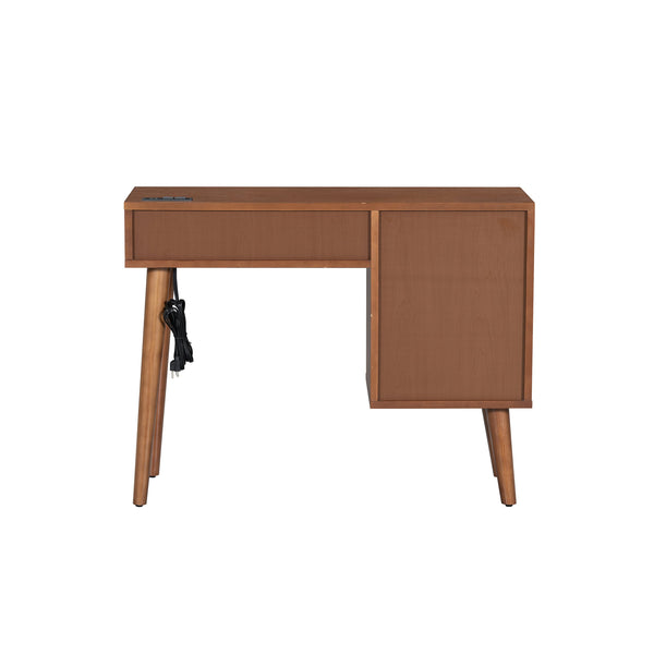 English Elm 39" Retro Bohemian Makeup Vanity Set with Rattan Drawers, USB Charging Port, Cushioned Stool, 4-Drawer Storage Walnut 44.1 L x 18.75 W x 10.5 H N733P180011D