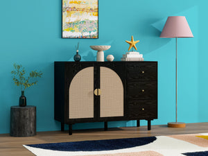 English Elm 2 Door 3 Drawer Cabinet with Engineered Rattan Finish, Pine Feet, Metal Semi-Circle Handles, Durable Black W688134396