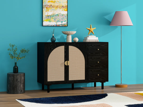 English Elm 2 Door 3 Drawer Cabinet with Engineered Rattan Finish, Pine Feet, Metal Semi-Circle Handles, Durable Black W688134396