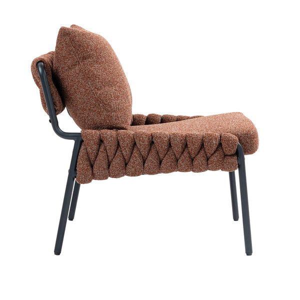 English Elm Modern Accent Lounge Chair with Braided Fabric Upholstery, Ergonomic Backrest, Plush Cushioning, Metal Frame, Adjustable Feet - Stylish Living Room Armchair Red+Brown W2215P256511