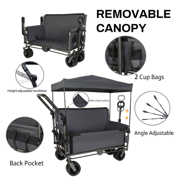English Elm 3-in-1 Folding Wagon with Canopy Bench Seat 500lb All Terrain Heavy Duty Cart Gray W2932P354212