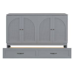 English Elm Queen Murphy Wall Bed with Usb Ports Storage Drawers and Cabinet Style Panel Front Gray N708S00010E