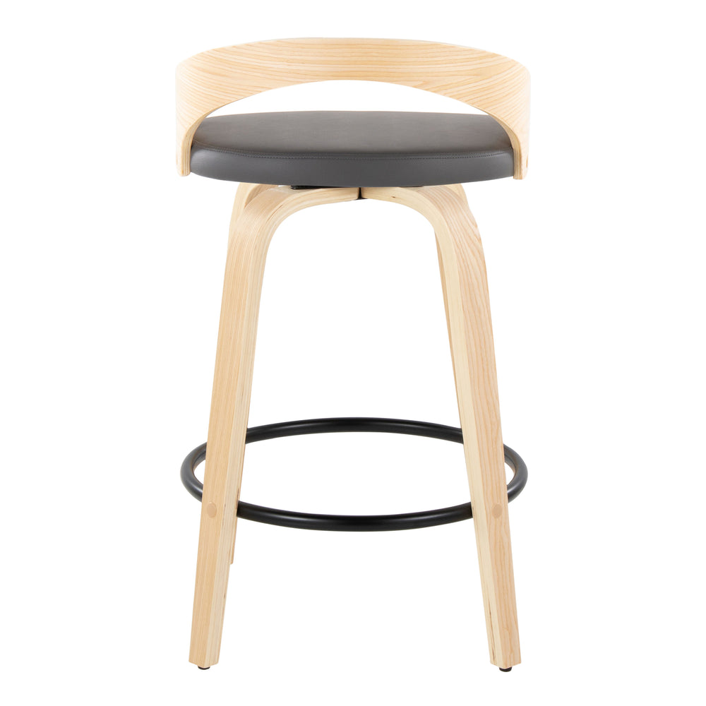 English Elm Grotto Mid-Century Counter Stool Set of 2 — 26" Swivel Faux Leather Upholstered Seat with Wood Legs and Round Metal Footrest Grey B202S00314