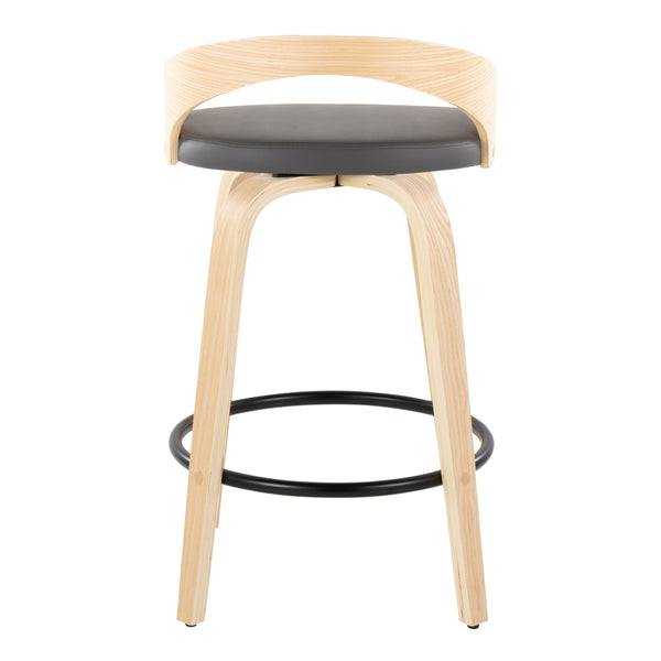 English Elm Grotto Mid-Century Counter Stool Set of 2 — 26" Swivel Faux Leather Upholstered Seat with Wood Legs and Round Metal Footrest Grey B202S00314