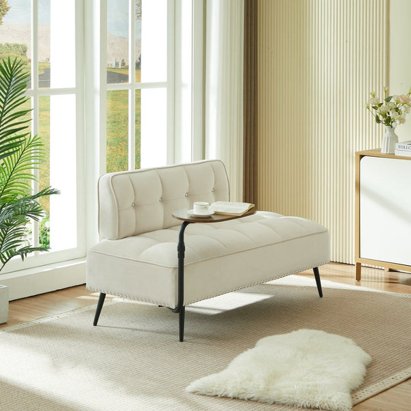 English Elm 54-inch Velvet Tufted Loveseat with Rotating Tray Table Nailhead Trim Compact Seating Beige W1359P438328