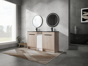 English Elm 60 Inch Freestanding Bathroom Vanity With Black Ceramic Sink, Soft-Close Doors & Storage Solutions W999S00317
